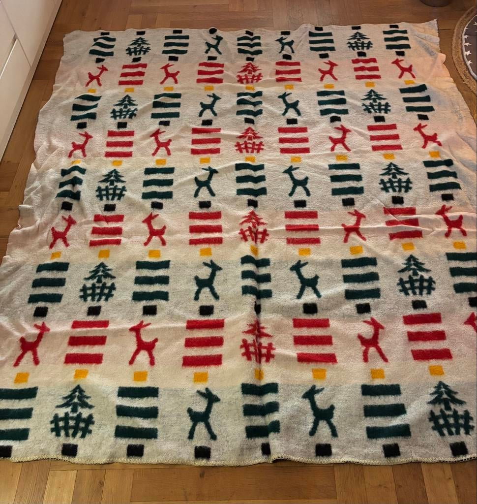 Vintage wollen deken met motief 190x170cm, Huis en Inrichting, Woonaccessoires | Plaids en Woondekens, Ophalen of Verzenden, Gebruikt