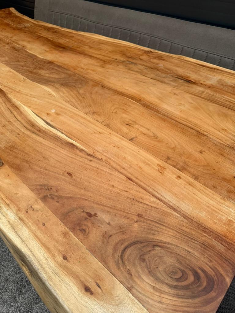 Boomstam eettafel met brede matrix poten, Ophalen, Gebruikt, 100 tot 150 cm, 200 cm of meer