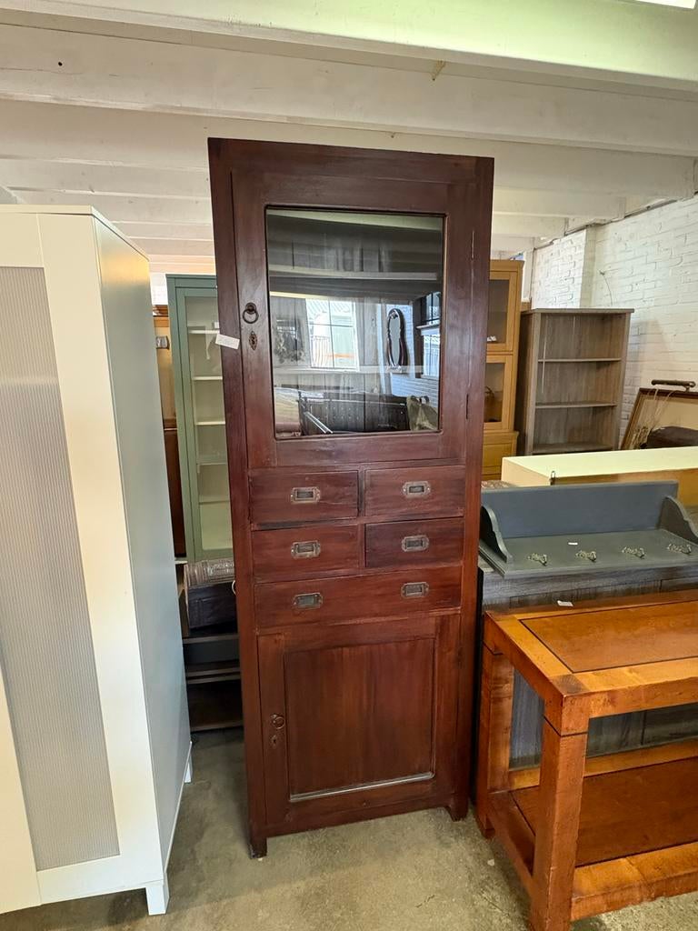 Koloniale kast met glas en lades, Ophalen, Gebruikt, 200 cm of meer, 50 tot 100 cm