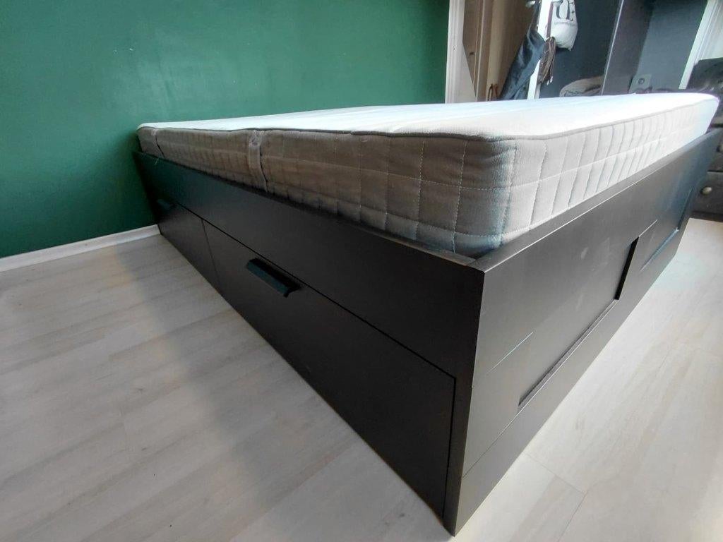 IKEA Brimnes Bedframe met Morgedal Matras, Ophalen, Gebruikt, Zwart, Tweepersoons