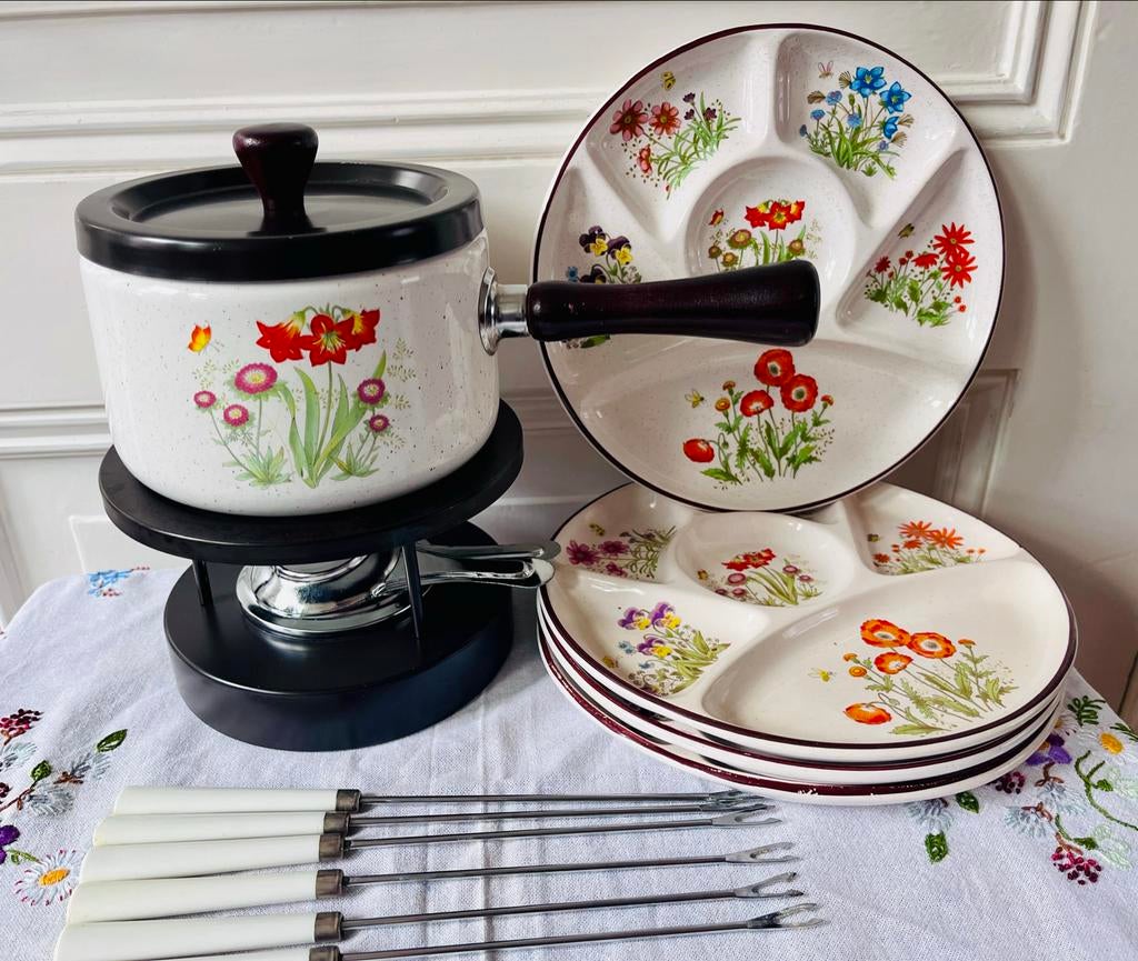 Vintage Fondueset met 4 wildflower borden, Gebruikt, ., Ophalen of Verzenden, .
