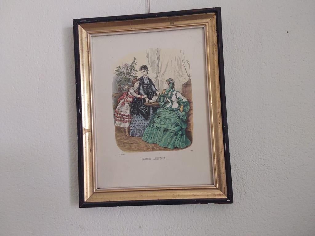 Antieke ingelijste prent 'La Mode Illustrée' (1870), Antiek en Kunst, Kunst | Etsen en Gravures, Ophalen of Verzenden