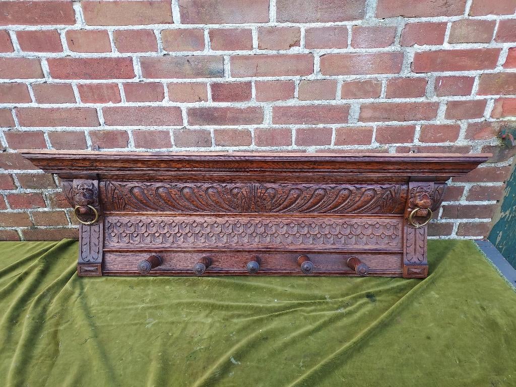 Antieke Mechelse eiken kapstok, knerren en 5 houten haken., Ophalen of Verzenden