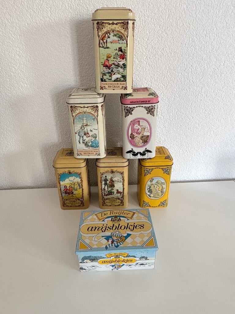 Set 7 vintage De Ruijter blikken w.o. vlokken ,anijsblokjes, Verzamelen, Blikken, Ophalen of Verzenden, Gebruikt, Overige, Overige merken