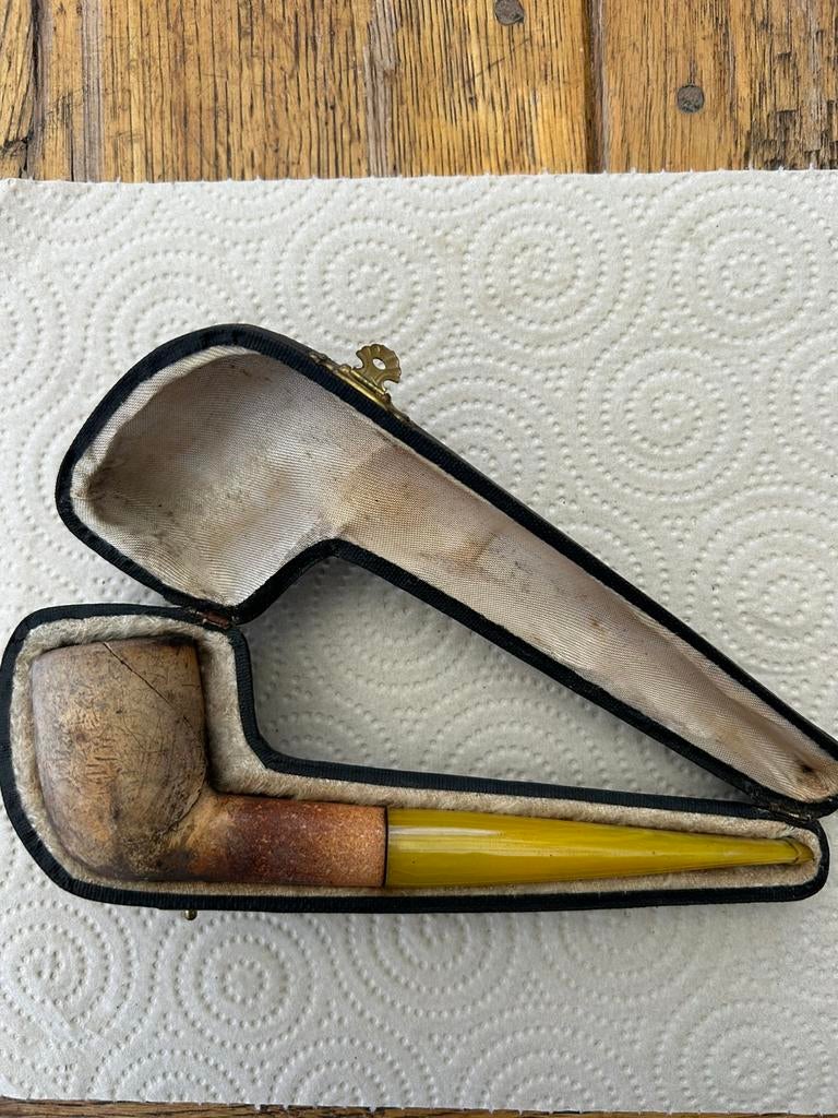 Antieke rookpijp Meerschuim met foedraal, Antiek en Kunst, Ophalen of Verzenden