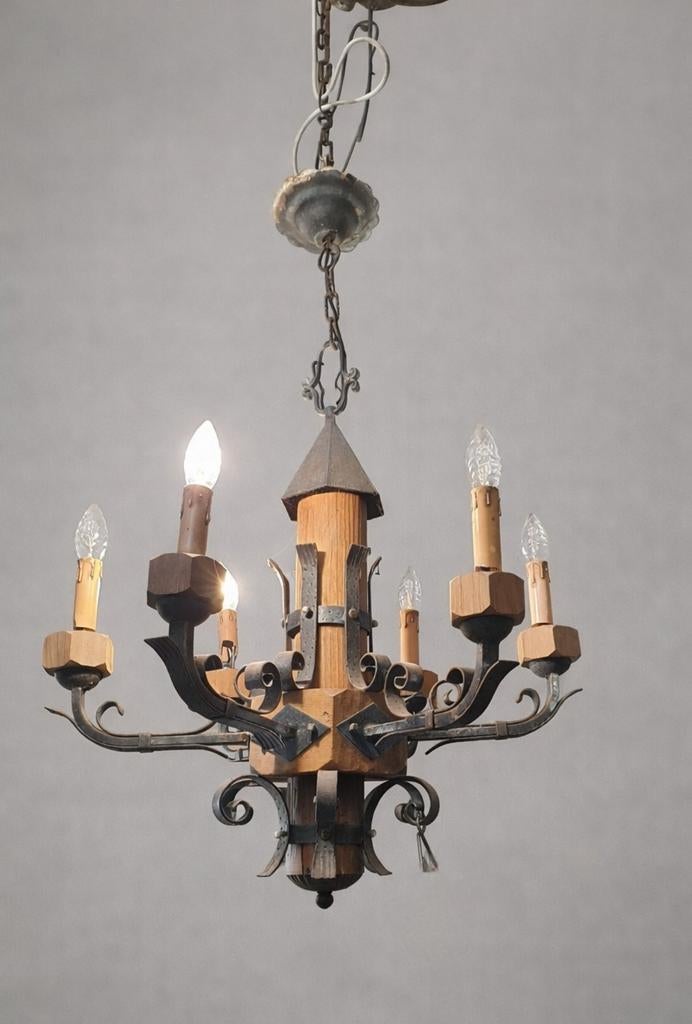 Stoere kroonluchter hout en metaal - mancave stijl, Ophalen, Gebruikt, Hout, Mancave