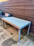 Hardstenen tuintafel met 4 plastic stoelen, Tuin en Terras, Ophalen, Gebruikt, Rechthoekig, Kunststof