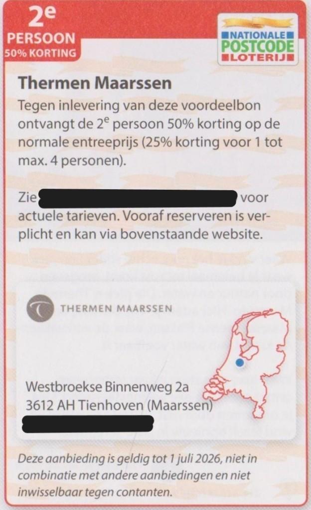 Thermen Maarssen. 2e persoon 50% korting Postcodeloterij bon, Tickets en Kaartjes, Kortingen en Cadeaubonnen, Twee personen, Spa of Sauna