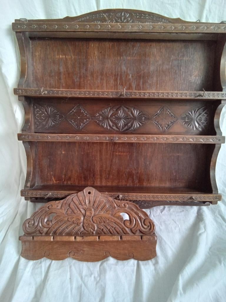 Antiek houten kop en schotel rekje met lepelrekje, Ophalen of Verzenden