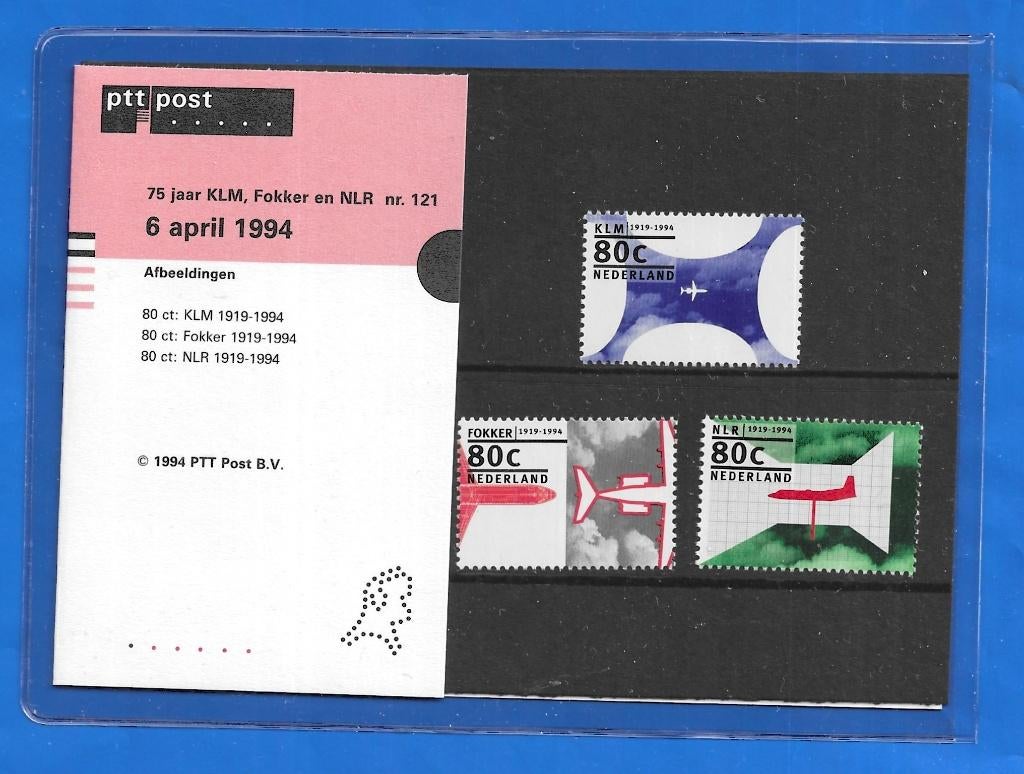 Postzegelmapje 121 - 75 jaar KLM, Hokker en NLR, Verzenden, Na 1940, Postfris