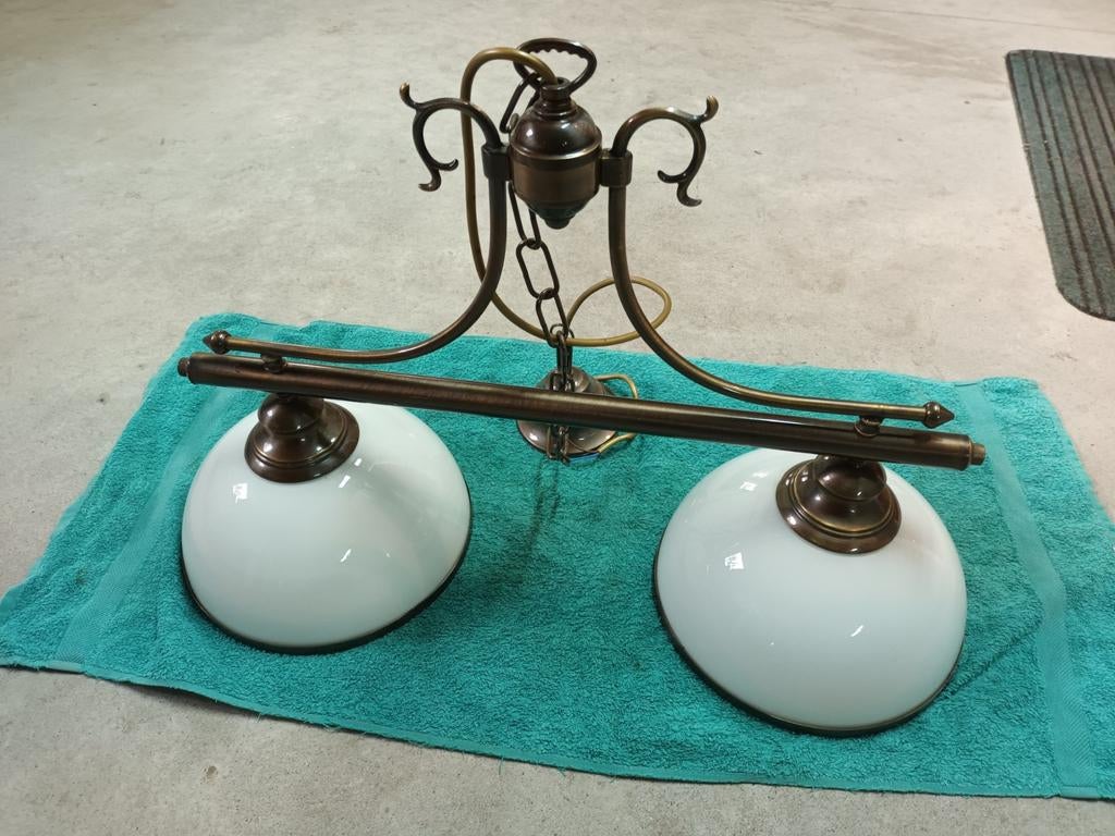 Hanglamp hang lamp metaal metalen met melkglas melk glas, Huis en Inrichting, Lampen | Hanglampen, Ophalen, Gebruikt, Glas