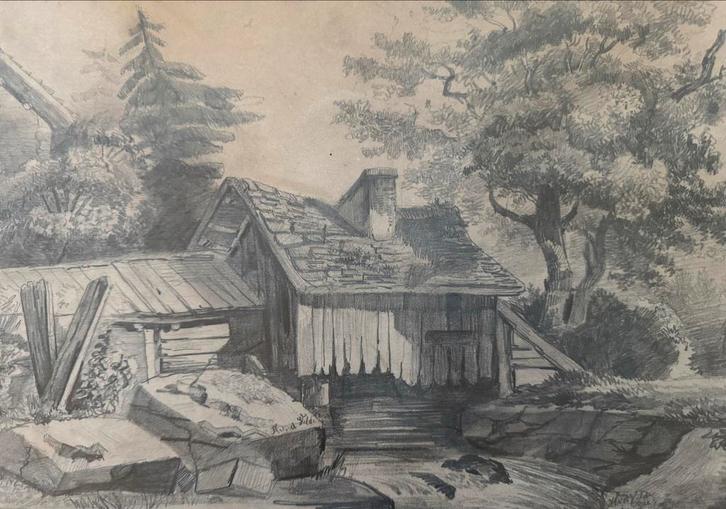 Tekening van een watermolen, Antiek en Kunst, Kunst | Etsen en Gravures, Ophalen of Verzenden