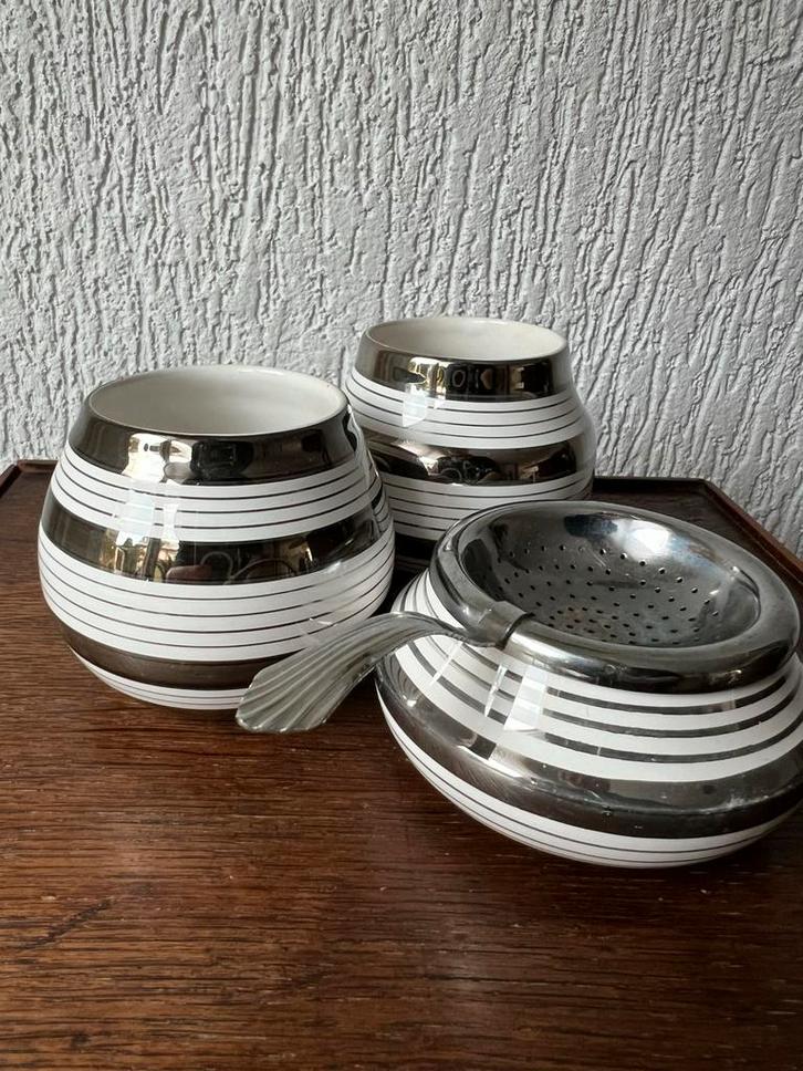 Vintage theezeef met houder en 2 lepel vaasjes/, Antiek en Kunst, Antiek | Keramiek en Aardewerk, Ophalen of Verzenden