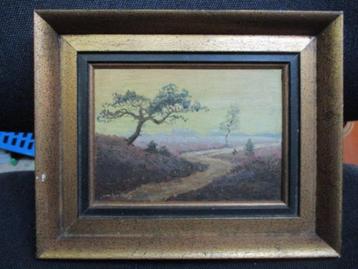 Landschap, olieverf, heidelandschap met weg en grove den beschikbaar voor biedingen