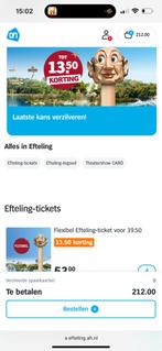 Efteling laagseizoen 10 stuks  (nog 6 over) bieden maar, Tickets en Kaartjes, Twee personen, Kortingsbon, Pretpark