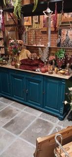 Petrolblauwig dressoir 4 deurtjes en 2 lades.., Ophalen, Zo goed als nieuw, 25 tot 50 cm