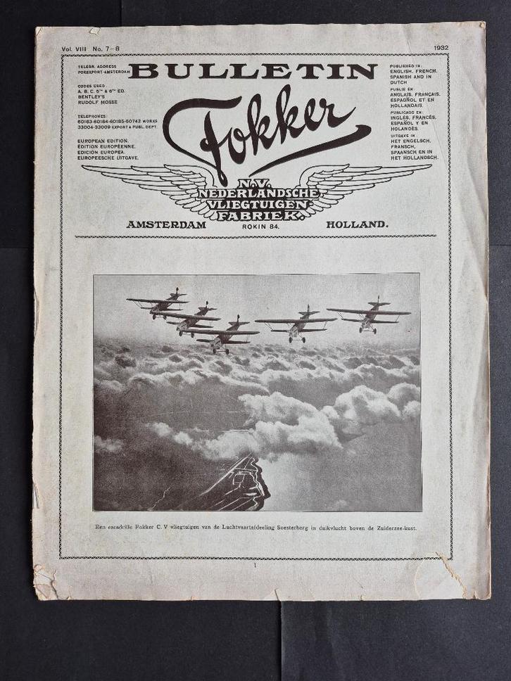 Fokker Bulletin uit 1932 jaargang 8 no. 7-8 (K1111), Verzamelen, Luchtvaart en Vliegtuigspotten, Gebruikt, Boek of Tijdschrift
