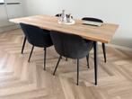 Eettafel (boomstamblad) met 4 stoelen topconditie, Ophalen, Zo goed als nieuw, 75 m² of meer, Laminaat
