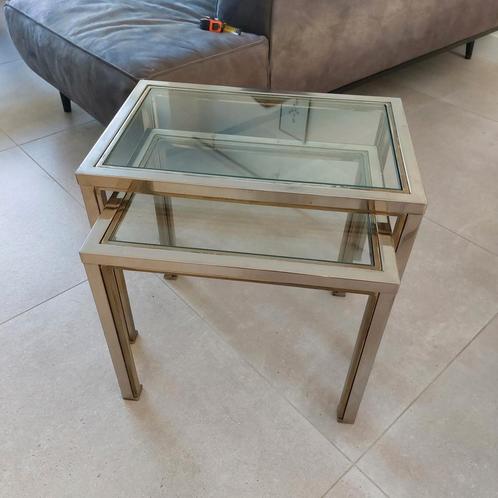 2 vintage bijzet tafels chroom met glas, Huis en Inrichting, Tafels | Bijzettafels, Gebruikt, Rond, Minder dan 55 cm, Glas, Ophalen