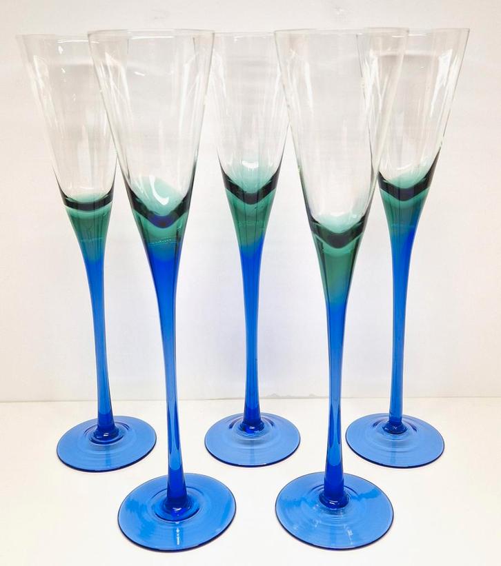 5 Scandinavische tweekleurige champagneglazen 1970-1980, Antiek en Kunst, Antiek | Glas en Kristal, Ophalen of Verzenden