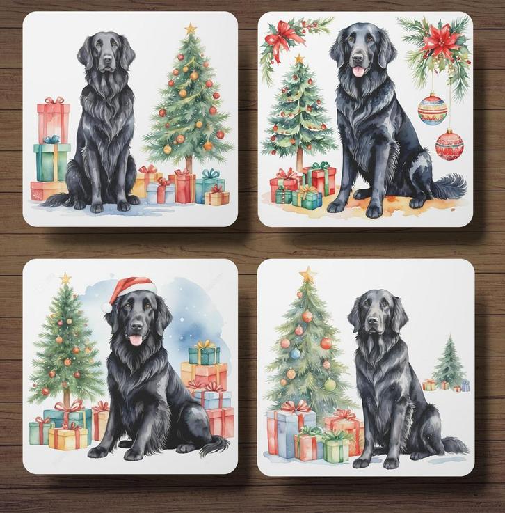 Flatcoated Retriever Kerst onderzetters met houder, Huis en Inrichting, Woonaccessoires | Onderzetters, Nieuw, Glas of Kopje, Ophalen of Verzenden