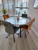 Ronde eettafel, 119 cm, hout, lichtgrijs blad, zwarte poten, Ophalen, Gebruikt, Rond, Vier personen