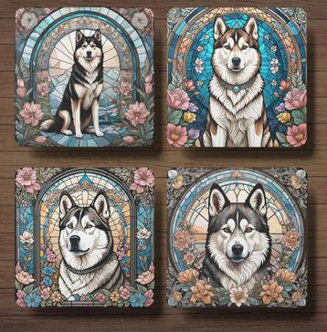 Siberische Laika Glas in Lood onderzetters met houder beschikbaar voor biedingen