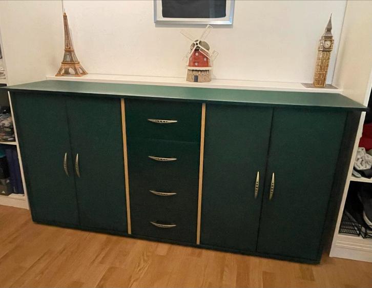 Donkergroene Kledingkast, Eiken Zijpanelen & Gouden Accenten, Huis en Inrichting, Kasten | Kledingkasten, Gebruikt, Minder dan 100 cm