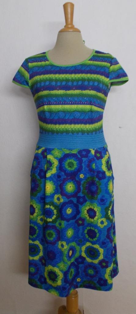 Blauw/groen print jurkje van Lien & Giel! M, Kleding | Dames, Jurken, Zo goed als nieuw, Maat 38/40 (M), Blauw, Knielengte, Verzenden