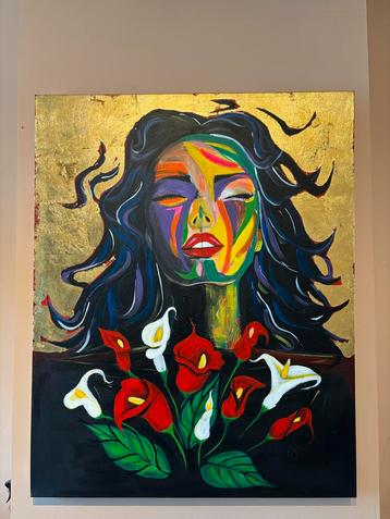 Kleurrijk portret met bloemen 80x100 beschikbaar voor biedingen