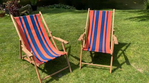 2x Retro strandstoel, ligstoel, Tuin en Terras, Ligbedden, Gebruikt, Hout, Inklapbaar, Verstelbaar, Ophalen