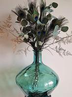 Grote decoratieve turquoise vaas van doorzichtig glas, Ophalen, Overige kleuren, Minder dan 50 cm, Glas