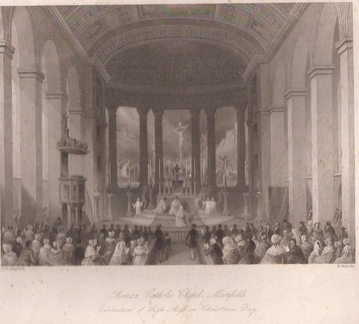 Roman Catholic Chapel,Moorfields.Celebration High Mass 1841, Antiek en Kunst, Kunst | Etsen en Gravures, Ophalen of Verzenden