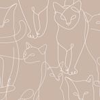 Katten behang Cat Line Art - Beige, poezen behang, Muurdeco, Verzenden, Minder dan 10 m², Beige, Katten behang, kat, poes, poezen behang
