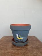 Handbeschilderde bloempot vogel pimpelmees, Rond, Ophalen of Verzenden, Zo goed als nieuw, Aardewerk