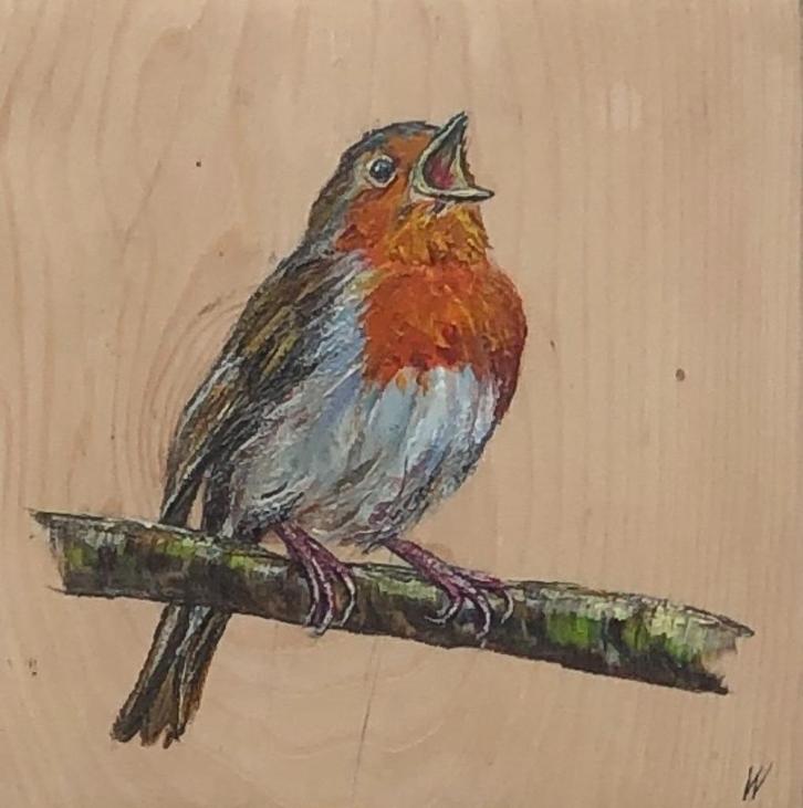 Schilderij Roodborstje op gebruikt hout, Huis en Inrichting, Woonaccessoires | Schilderijen, Tekeningen en Foto's, Nieuw, Schilderij