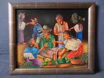 Olieverf Zuid-Amerikaans Nachtmarkt J.A. Gonzales 22x27 cm. beschikbaar voor biedingen