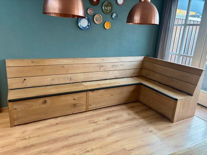 Hoekbank op maat, massief hout met opbergruimte 305x154 cm, Huis en Inrichting, Tafels | Eettafels, Gebruikt, 150 tot 200 cm, 200 cm of meer