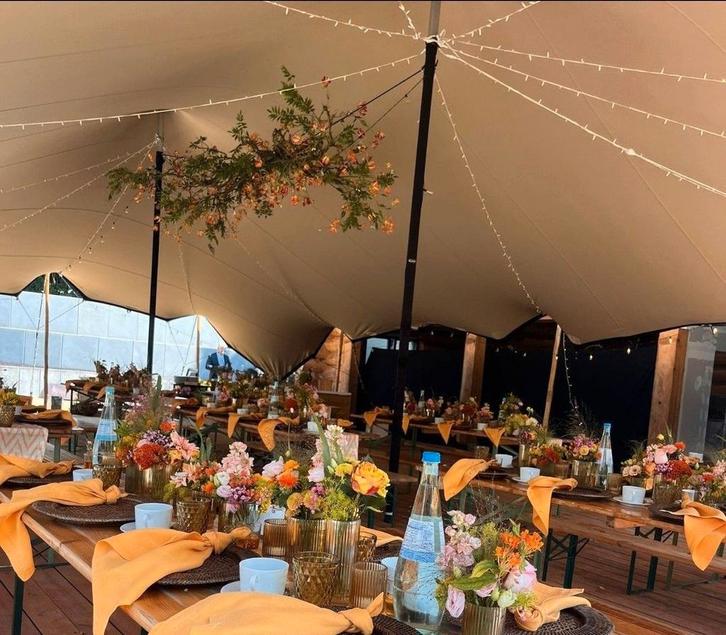 Stretchtent 10,5 x 19 meter, zandkleur, complete set, Tuin en Terras, Partytenten, Nieuw, 8 meter of meer, 6 meter of meer, Ophalen