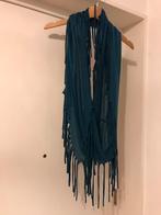 Petrol blauw col wikkel shawl sjaal met franjes zgan, Verzenden, Zo goed als nieuw, Maat 46/48 (XL) of groter, Sjaal