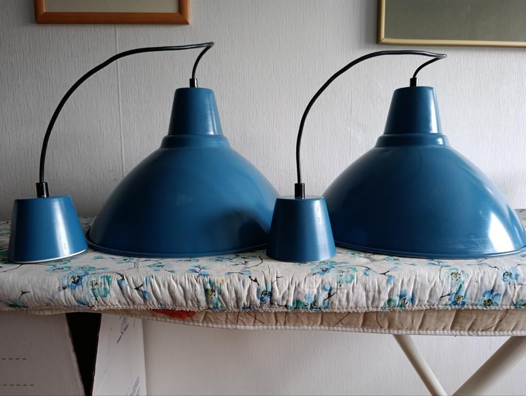 Blauwe industriële hanglampen set, Ophalen, Gebruikt, Metaal, Minder dan 50 cm