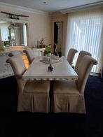 Fossiel stenen tafel met 6 suède stoelen, Overige materialen, Gebruikt, 100 tot 150 cm, Ophalen of Verzenden