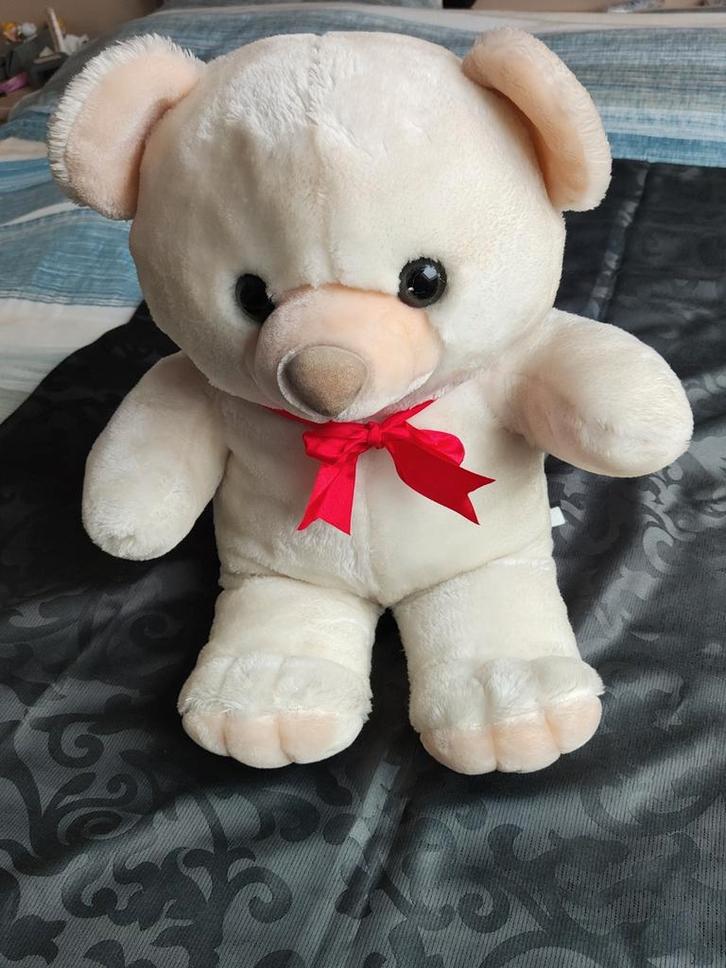 Grote Witte Teddybeer met Strik, Kinderen en Baby's, Speelgoed | Knuffels en Pluche, Gebruikt, Beer, Ophalen of Verzenden