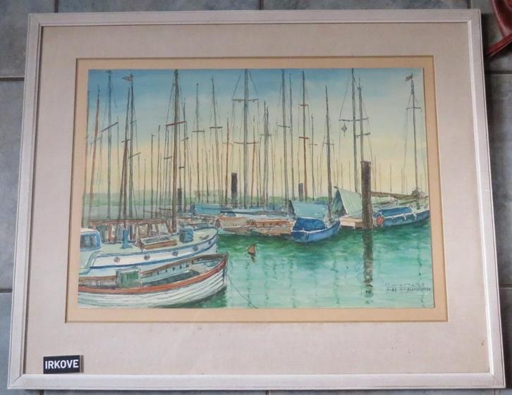 AQUAREL HAVENTJE MET ZEILSCHEPEN * Blankenbergen *, Antiek en Kunst, Kunst | Schilderijen | Klassiek, Ophalen of Verzenden