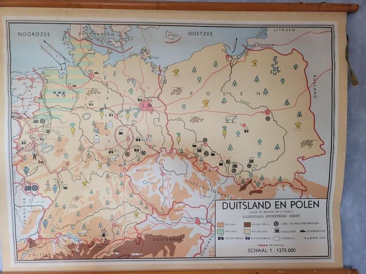 Vintage Schoolkaart Duitsland en Polen – W. Bakker & H. Rusc, Antiek en Kunst, Antiek | Schoolplaten, Aardrijkskunde, Ophalen
