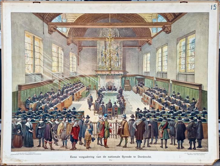 Eene vergadering van de nationale Synode te Dordrecht, 1619, Antiek en Kunst, Antiek | Schoolplaten, Geschiedenis, Ophalen