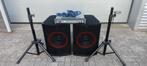 geluidsinstallatie speakers versterker en statieven € 250,-, Gebruikt, 120 watt of meer, Front, Rear of Stereo speakers, Ophalen