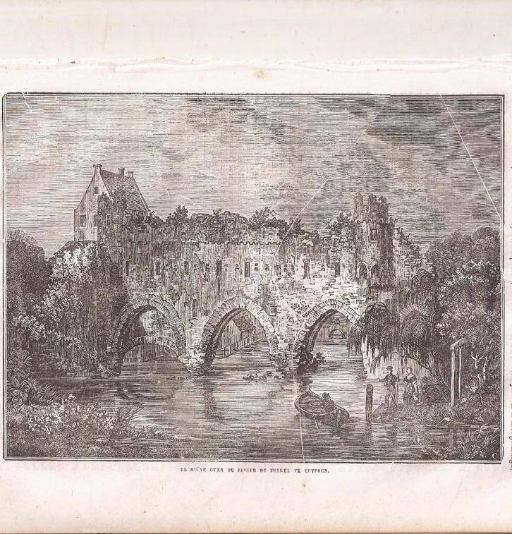 Zutphen. De ruïne over de rivier de Berkel te Zutphen 1838, Antiek en Kunst, Kunst | Etsen en Gravures, Ophalen of Verzenden