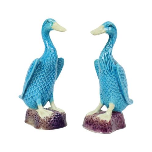 Vintage Eend Beeldje Figuur Koppel Blauw Chinees Porselein, Verzamelen, Beelden en Beeldjes, Gebruikt, Dier, Ophalen of Verzenden