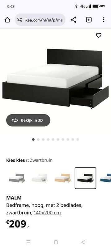 Ikea Malm zwartbruin bedframe + 2 lades 140x200 beschikbaar voor biedingen